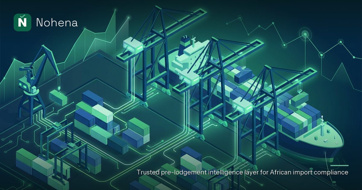 Editorial illustration for How Nigeria's 10-digit tariff line is structured: Towering port cranes,